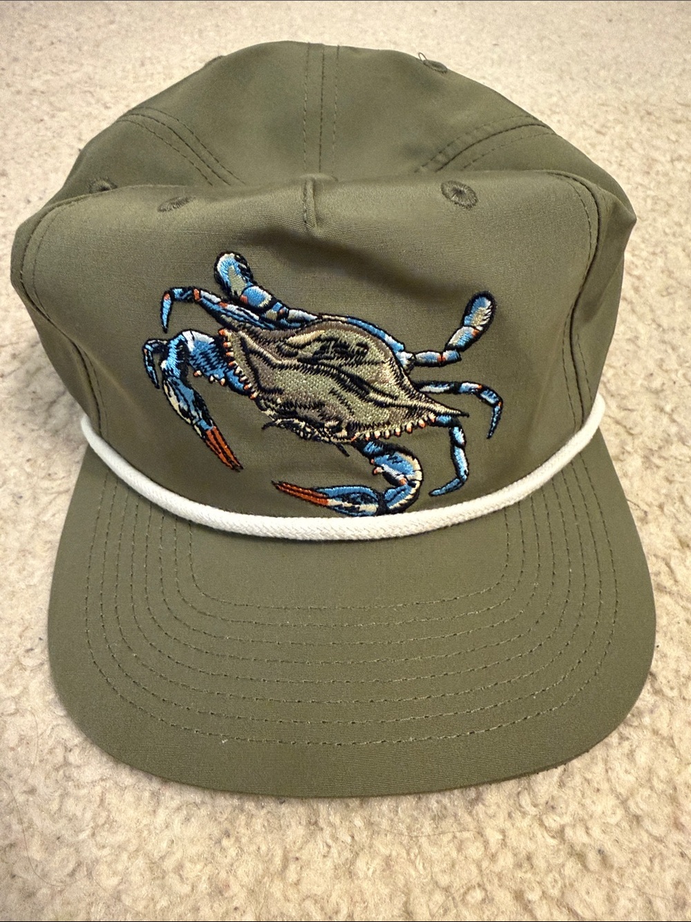Duck Camp Olive Green Rope-Front Hat with Embroidered Blue Crab